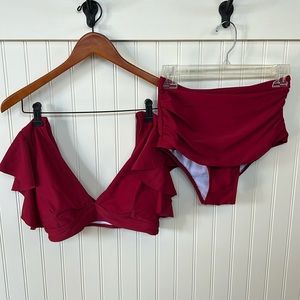 Swim suit two piece never worn color red high waisted bottoms ruffle top